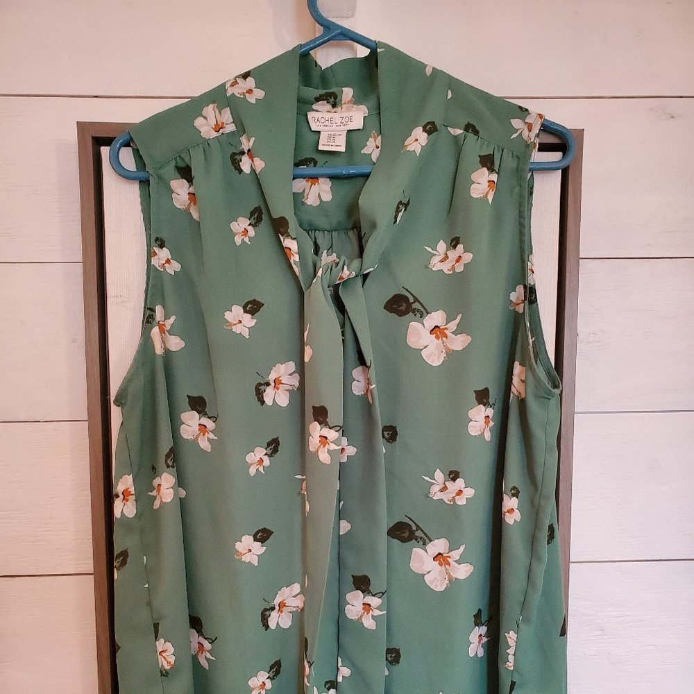 Rachel Zoe Sleeveless Green Floral Top Neck Tie XL